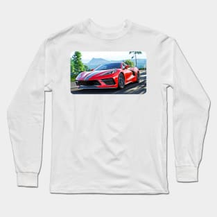 Corvette C8 Cartoon Drawing Action Print Long Sleeve T-Shirt